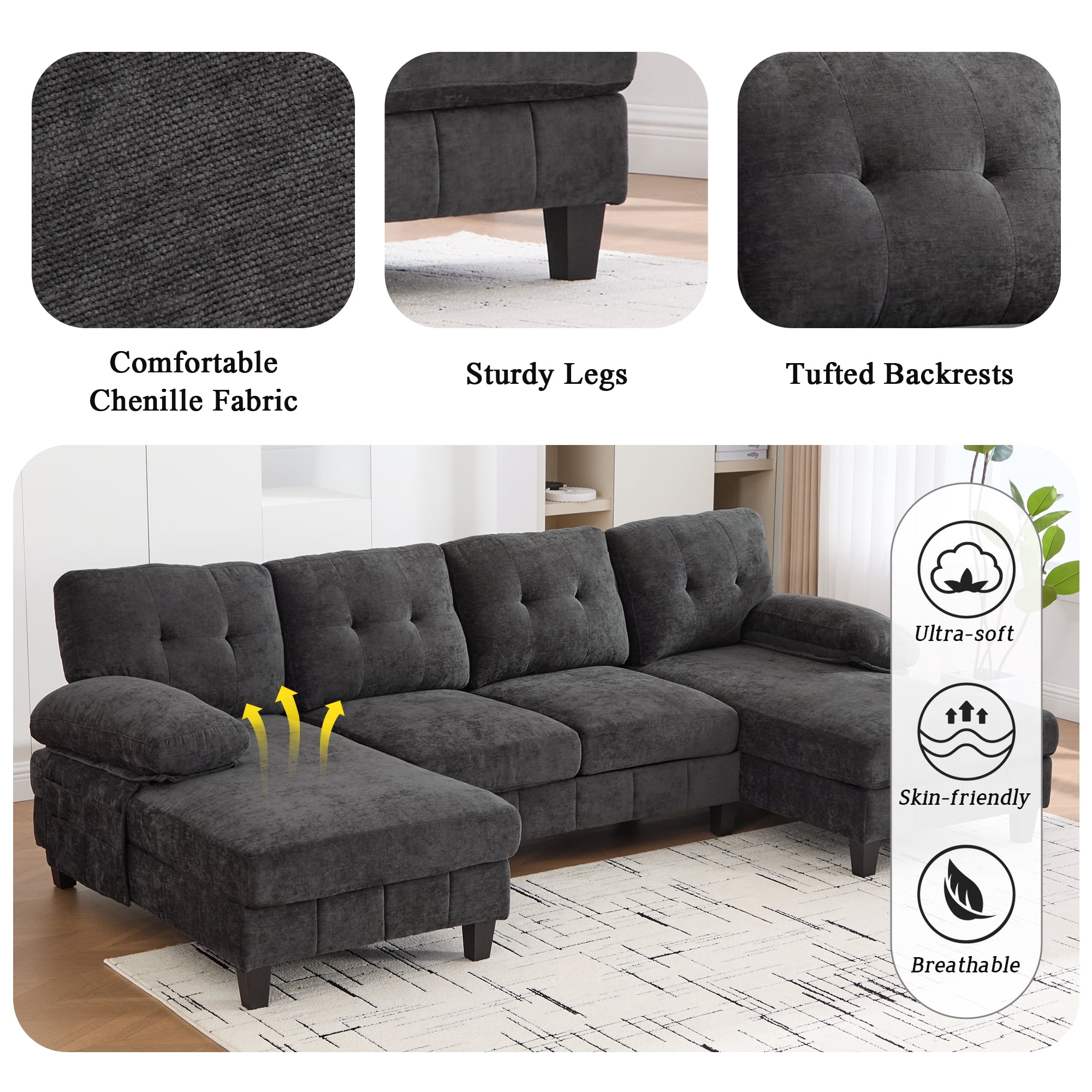 Euroco U-shaped Sectional Sofa 103.5" Chenille Fabric Couch with Dual Chaise Lounges, Storage Pockets and Armrest Pillows for Living Room, Black