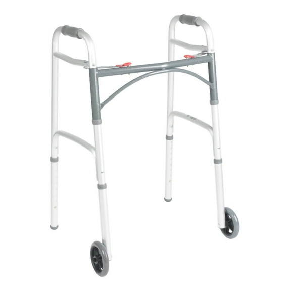 McKesson Aluminum Silver Junior Dual Release Folding Walker with Wheels Adjustable Height up to 350 lbs 25 to 32.25" H