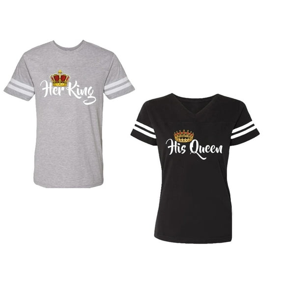 Her King His Queen Unisex Couple Matching Cotton Jersey style T-Shirt Contrasting stripes on sleeves (Men Heather / Women Black) (Men S / Women S)