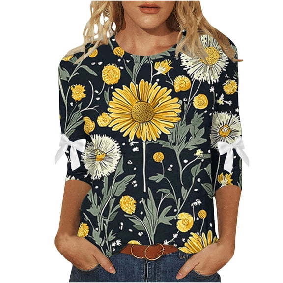 Levmjia Womens Tops Fashion 3/4 Sleeve T Shirt Casual Loose Fit Floral Printed Pullover Soft Polyester Round Neck Comfortable Tee For Daily Wear