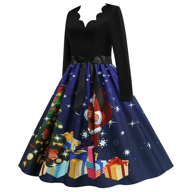 Robe Vintage Patchwork Rockabilly pour Femmes Robe de Fête de Noël avec Nœud