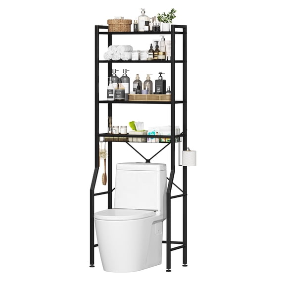 CONCETTA 4-Tier Over The Toilet Bathroom Storage Rack, Adjustable Space Saver Organizer with Shelves, Basket & Hooks, Black