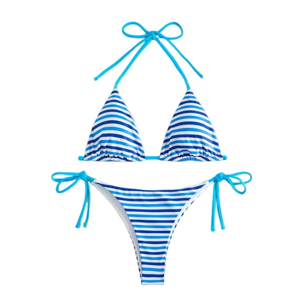 Guardurnaity de niña con top triangular y cuello halter, braguita estampada, traje de baño de piezas. Tejido suave, perfecto para viajar. conjuntos de ropa Rayas azules METRO