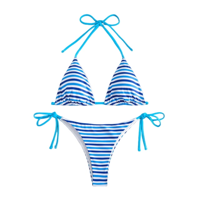 Guardurnaity de niña con top triangular y cuello halter, braguita estampada, traje de baño de piezas. Tejido suave, perfecto para viajar. conjuntos de ropa Rayas azules METRO