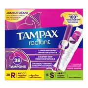 Tampax Radiant Tampons Multipack, with LeakGuard Braid, Regular/Super, 38 Count