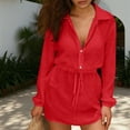 thumbnail image 4 of Purcolt Women's Long Sleeve Mini Dress Dressy Casual Collared Button Down Shirt Dresses Summer Beach Drawstring Sun Protection Cover Ups, 4 of 7