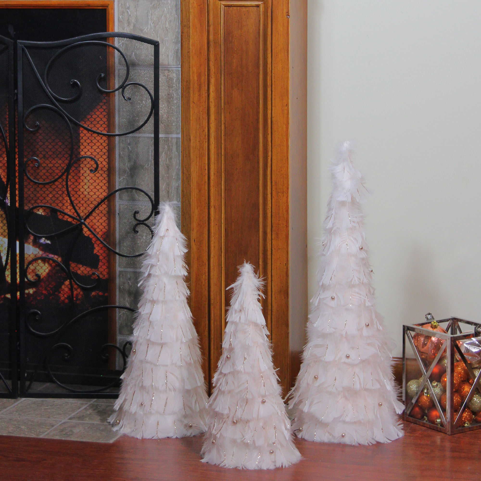 Northlight Set of 3 Blush Feather Cone Tree Christmas Decorations 15"-18.5"-23.5"