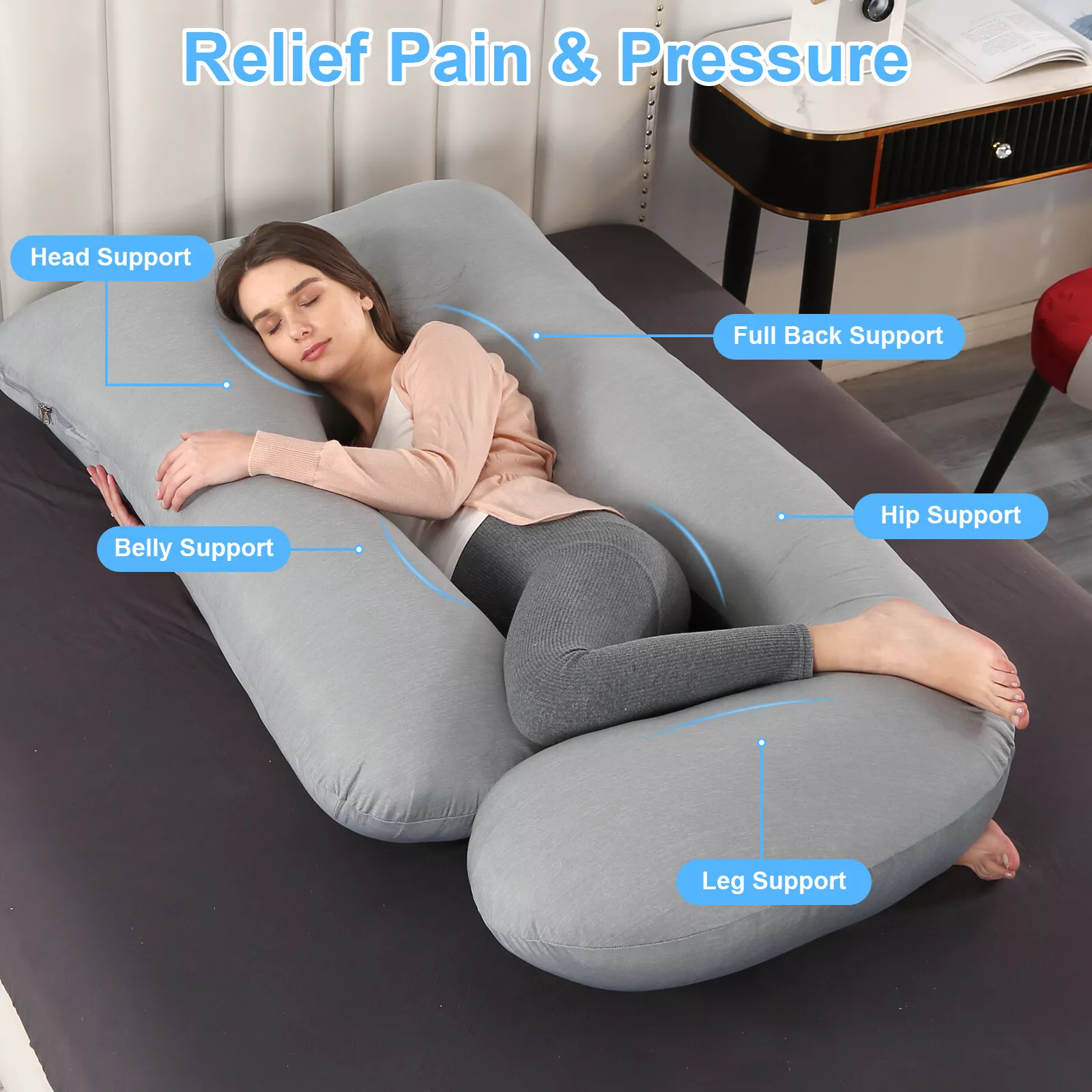 Topchances Pregnancy Pillow with Cooling Fabric Pillowcase, Extra Large Maternity Belly Contoured J-Shape Body Pillow, 57x27.5 inch, Grey