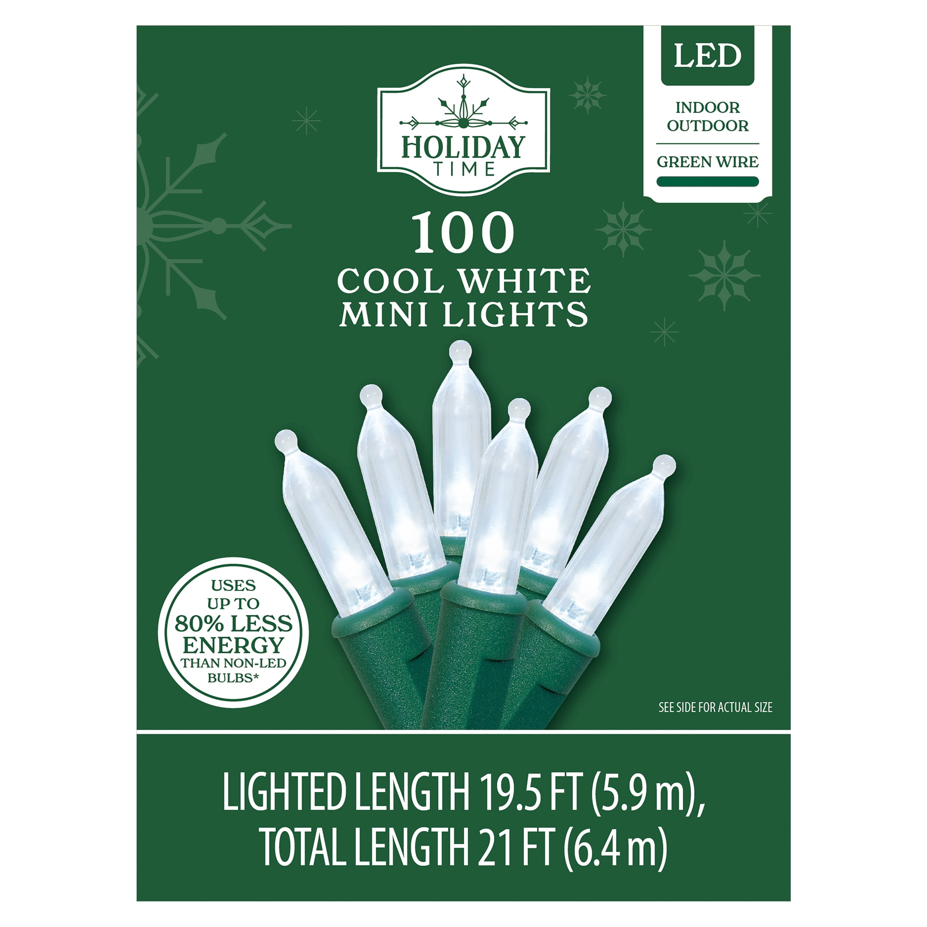 Indoor/Outdoor 100-Count LED Mini Christmas String Lights, Cool White, Green Wire, 19.5', by Holiday Time