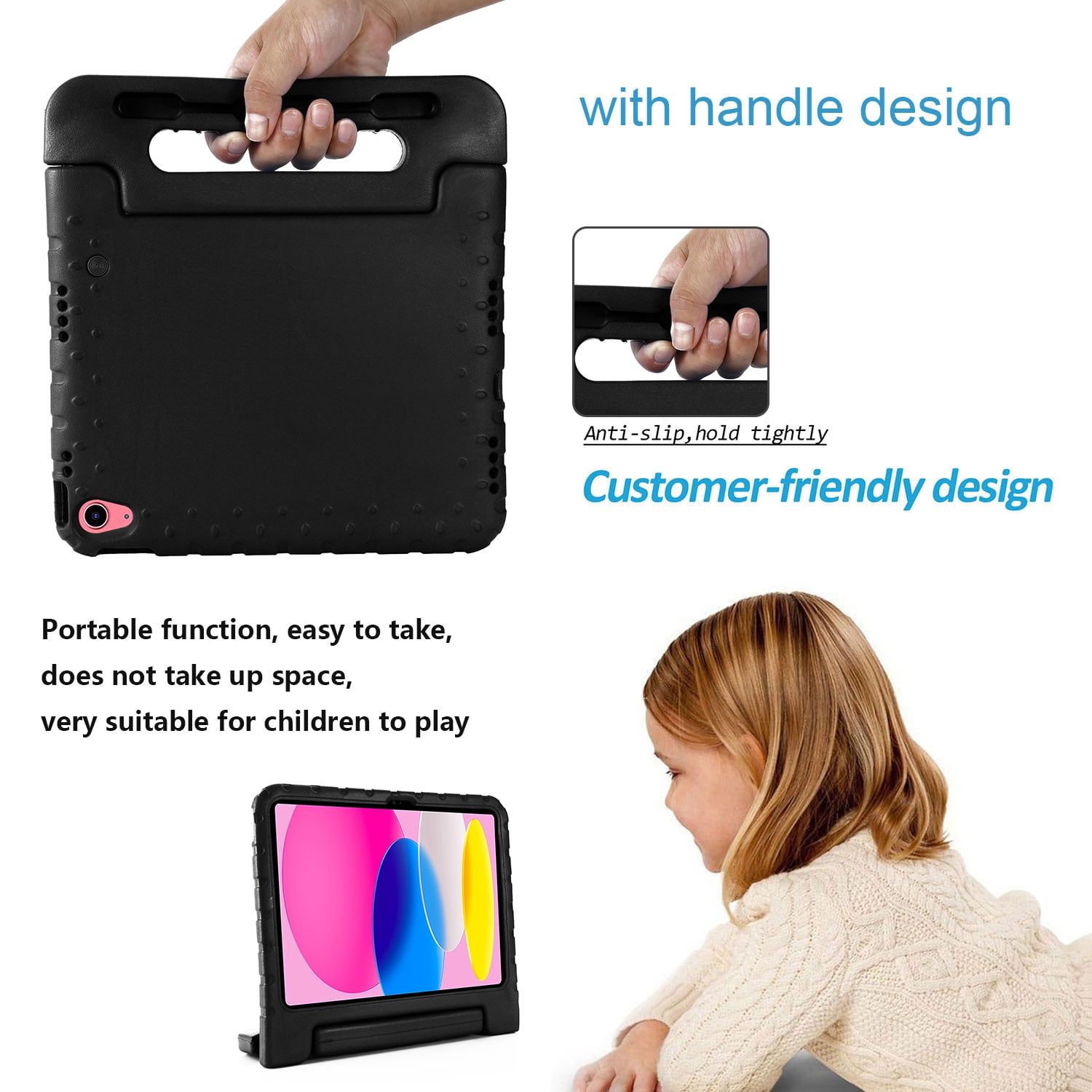 Allytech Kids Case for Apple iPad 10th Generation 10.9 inch 2022 with Pencil Holder/Rotating Stand Handle/Foldable Kickstand Kid-Proof Girl Boy Soft EVA Foam Shockproof Rugged Heavy Duty Cover, Black