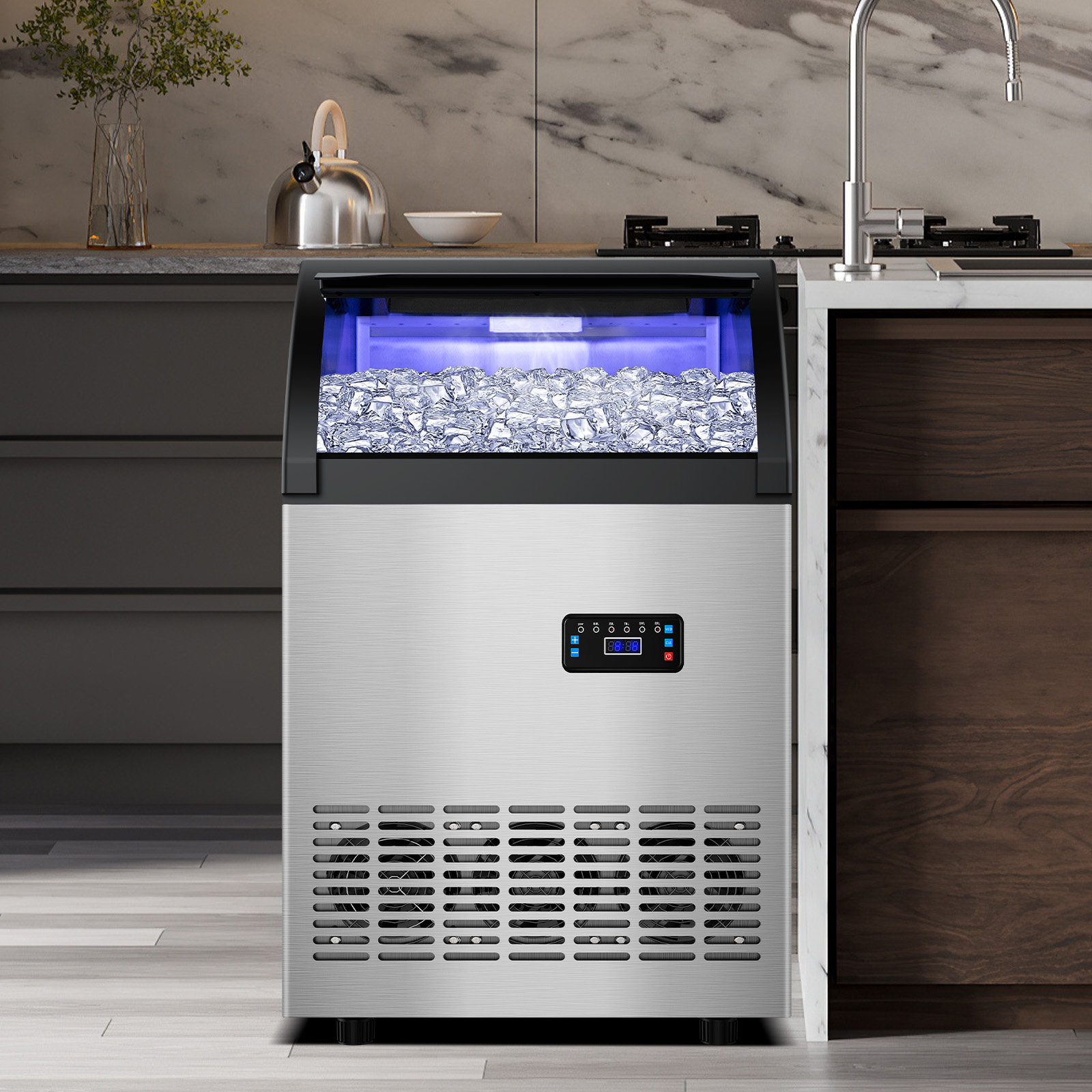 Commercial Gourmet Ice Maker,121LBS/24H Spray Ice Machine with 55Lbs Storage,Auto Self-Cleaning for Crystal Clear 5x10 Cubes Ice Making for Home Office Bar