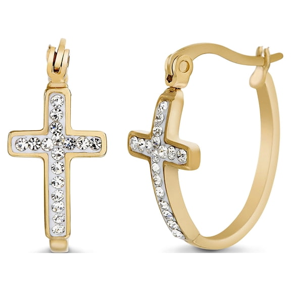 Me Bible  18k Yellow Gold IP Plated Stainless Steel Women’s Crystal Cross Hinge Hoop Earrings