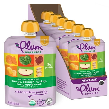 Plum Organics Stage 3 Organic Baby Food, Carrot, Spinach, Turkey, Corn, Apple, and Oat, 4 oz Pouches, 6 Pack