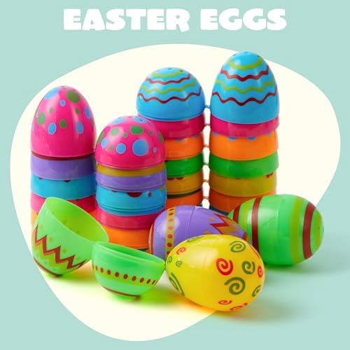 Toy 72 PCs Plastic Printed Bright Easter Eggs, Over 3.15'' Tall Fillable Empty Eggs Bulks for Easter Hunt, Basket Stuffers Fillers, Classroom Prize Supplies, Filling Treats and Party Favor
