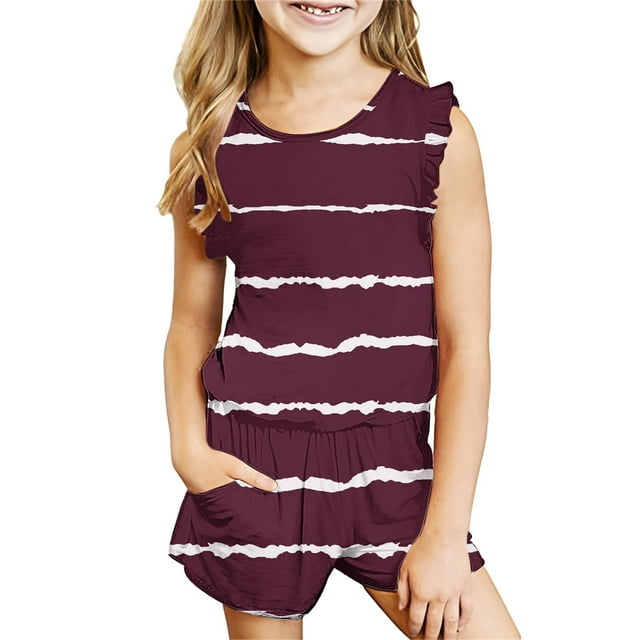 LSLJS Mode Girls' Casual Sans Manches Tops Col Rond Imprimé Pantalon Court Sets Bébé Girls Outfit Sets