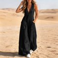 thumbnail image 6 of Women's Fashion Casual Solid Color Deep V Halter Neck Sleeveless Jumpsuit Ruched Detail Pockets Long Pants One Piece Black M(M), 6 of 7