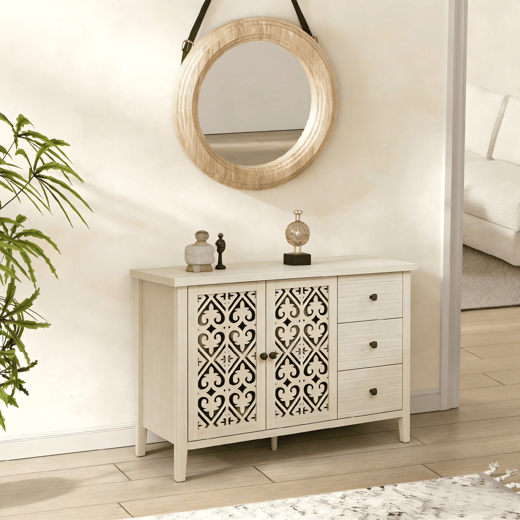 Gewnee Hollow-Design 2-Door 3-Drawer Cabinet, Classic American Style Storage for Bedroom, Living Room and Study