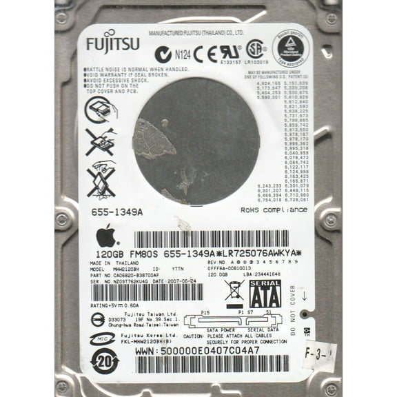 MHW2120BH, PN CA06820-B38700AP, Fujitsu 120GB SATA 2.5 Hard Drive