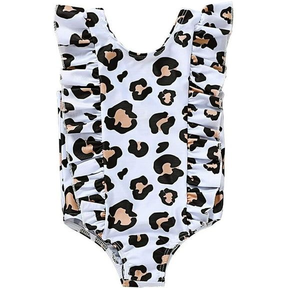 Styles I Love Baby Toddler Girls Leopard Ruffled One-Piece Swimsuit White Bathing Suit Beach Swimwear (120/3-4 Years)