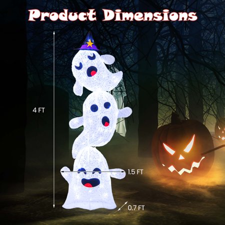 Costway 4 FT Lighted Stacked Ghosts Standing Halloween Decoration with 120 LED Lights and 4 Metal Ground Stakes - White