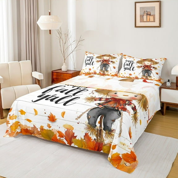Manfei Cartoon Scarecrow Twin Sheet Sets 3pcs, Autumn Fallen Leaves Twin Fitted Sheet, Happy Fall Y'All Print Flat Sheet, Lightweight Room Decor
