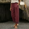 thumbnail image 5 of Yuanlook Women's Relaxed Fit Drawstring Linen Cotton Cropped Pants, Solid Eyelet Embroidery Scallop Hem Summer Beach Bottoms S-XXXL, 5 of 6