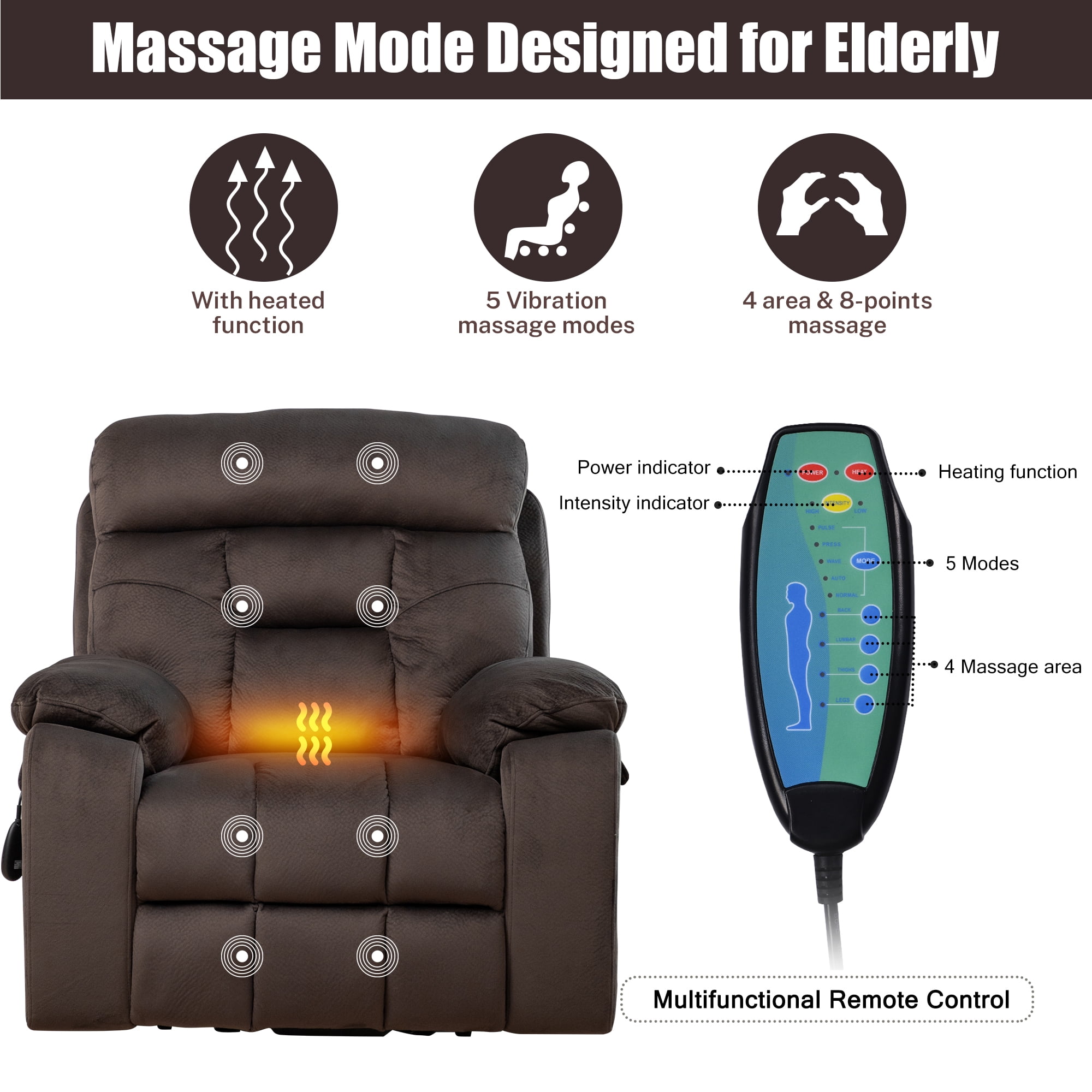 PAPROOS Oversized Electric Massage Lift Chair, Large Power Lift Recliner with Heat Therapy, Fabric Reclining Sofa with Remote, Hidden Cup Holder and Side Pocket for Elderly Seniors, Antique Brown