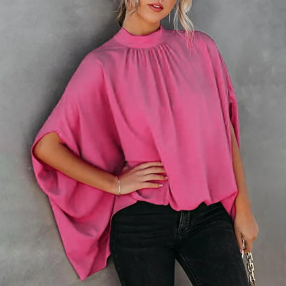 Summer Saving Wycnly Womens Tops Dressy Casual Fashion Batwing Sleeve Loose Fit Lightweight Comfy Pullover Shirts Summer Elbow-Length Crewneck Tops Solid Blouse Hot Pink m