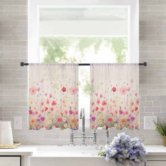 Sheer Curtains 54 inches Long, Watercolor Red Pink Floral Linen Texture Light Filtering Sheer Window Curtains Rod Pocket Voile Drapes for Bedroom Living Room, 52"W x 54"L 2 Panels
