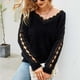 thumbnail image 3 of Suéter con cuello en V y hombros descubiertos para mujer, suéter de encaje de Color puro de manga larga para invierno, negro L, 3 of 7
