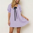 thumbnail image 4 of Square Neck Puff Sleeve Plaid Short Dress Women Stylish Soft Breathable Casual Dress for Daily Outings Coffee Dates Weekend Trips Gatherings Purple S, 4 of 7