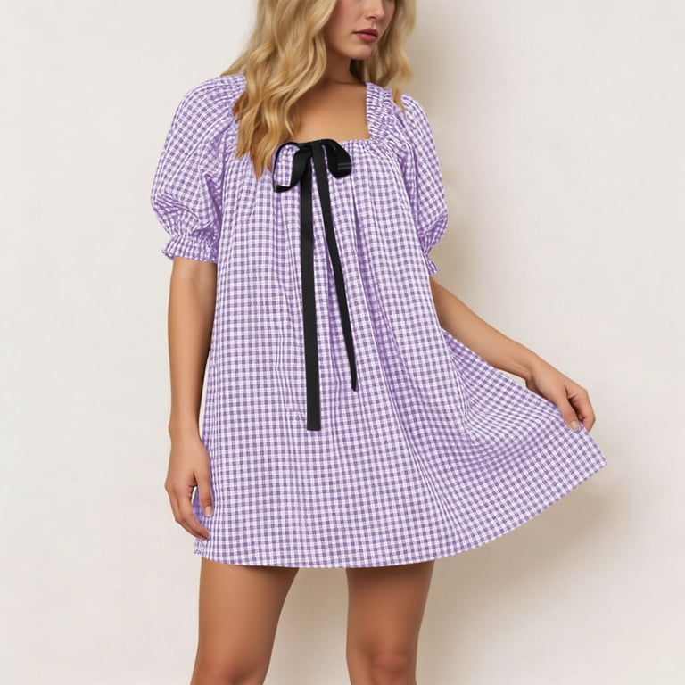 AKOEE Womens Cute Dress Plaid Bowknot Puff Short Sleeve Square Neck Summer Travel Mini Dress Long Tops for Leggings (xl, Purple), Women's, Size: 4XL AKOEE Womens Cute Dress Plaid Bowknot Puff Short Sleeve Square Neck Summer Travel Mini Dress Long Tops for Leggings (xl, Purple), Women's, Size: 4XL