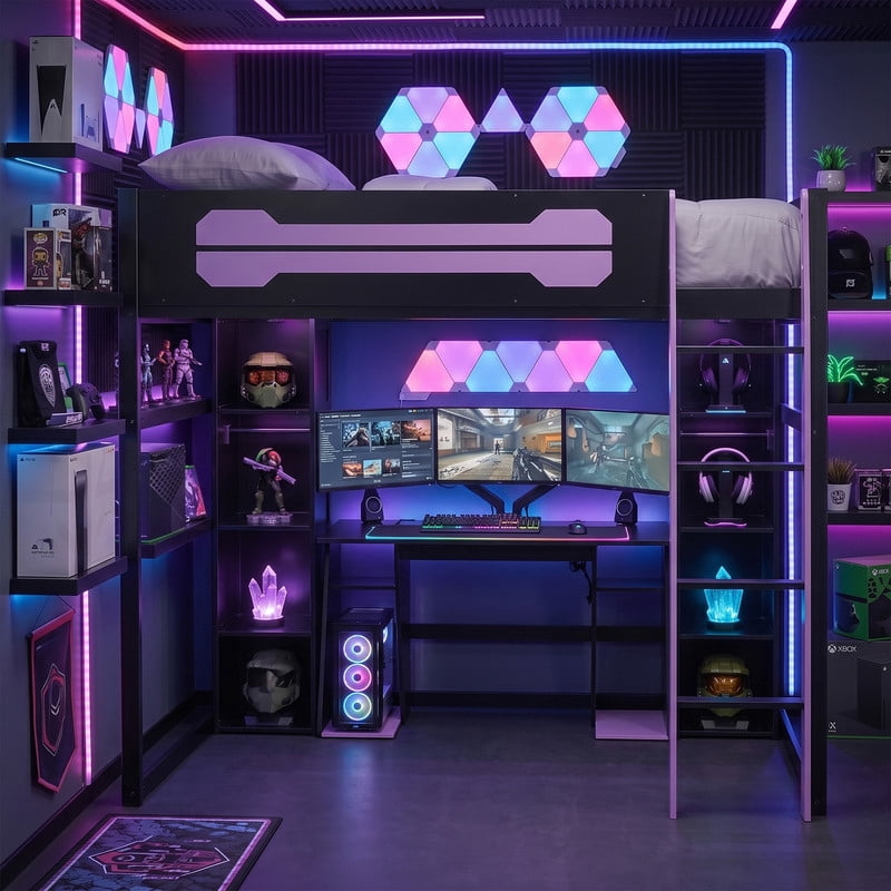 Full Size Wooden E-Sport Loft Bed with Desk, LED Lights & Charge Station, Storage Bed Frame with Built-in Wardrobe & Cabinets
