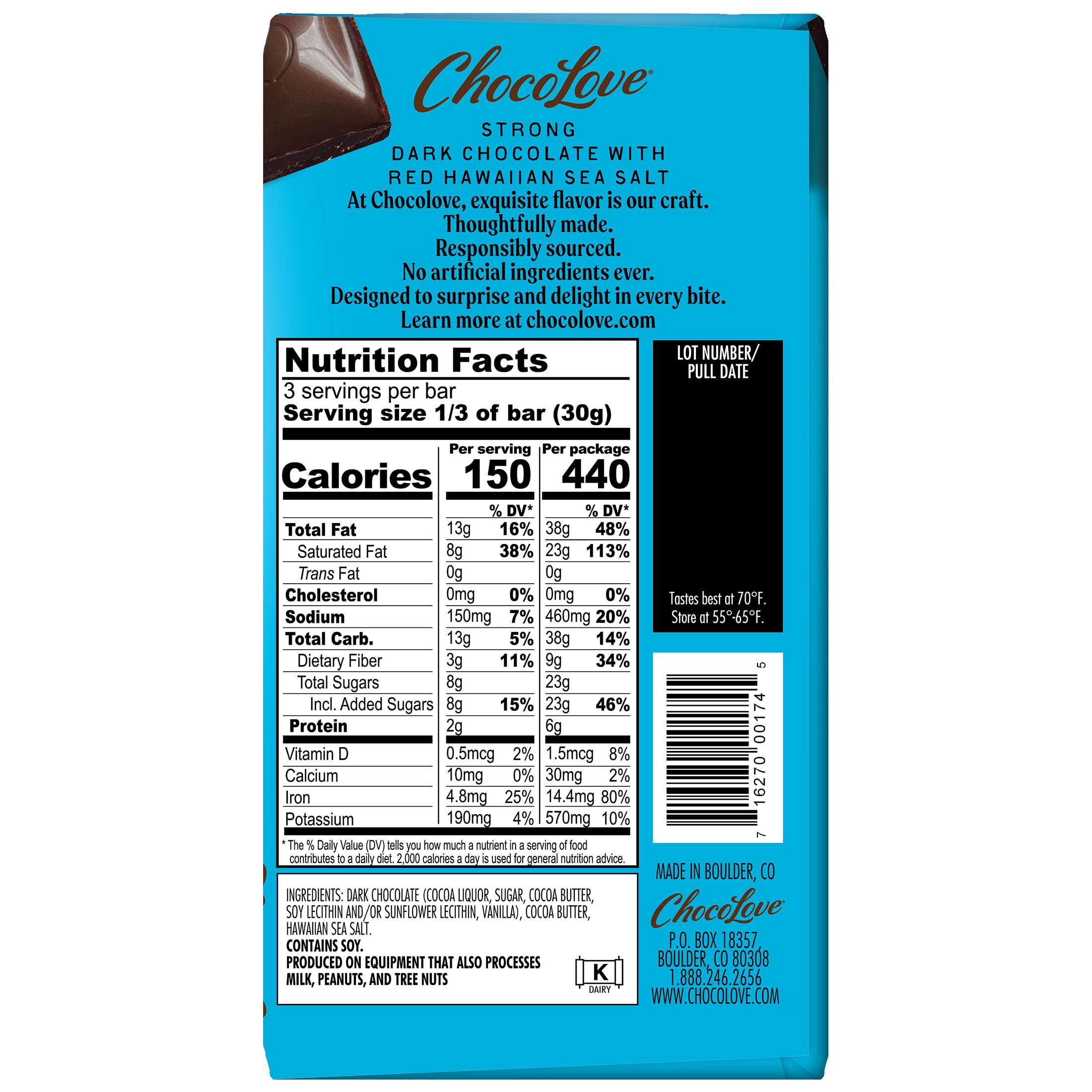 (2 pack) Chocolove Hawaiian Sea Salt in Strong Dark Chocolate, Contains Soy, 3oz Bar