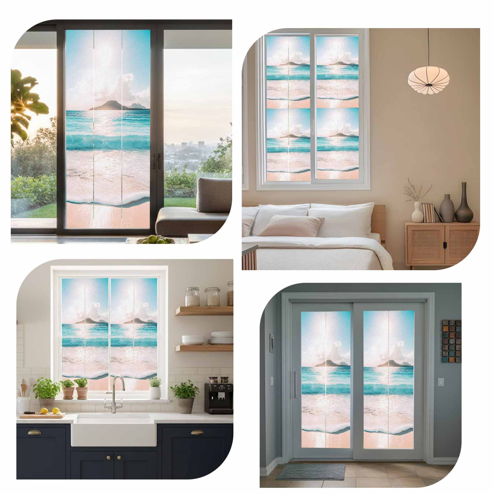 Summer Blue Sky Window Privacy Film, Modern Style Ocean Beach Wave Frosted Glass Window Clings Static Cling UV Heat Blocking Reusable Door Sticker for Bathroom 23.6 x 59 Inch