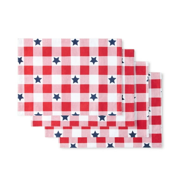 MARTHA STEWART Americana Star Gingham Plaid Indoor Placemat 4-Pack Set, Reversible, Patriotic USA America Decor, Red/White/Blue, 14"x72"