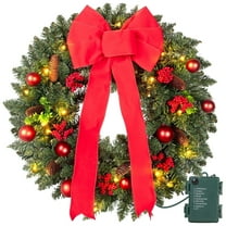 Qunler 24in Pre-Lit Christmas Wreaths for Front Door Window, Artificial Evergreen Wreaths with Bow & Lights for Indoor Outdoor Christmas Decorations, Green