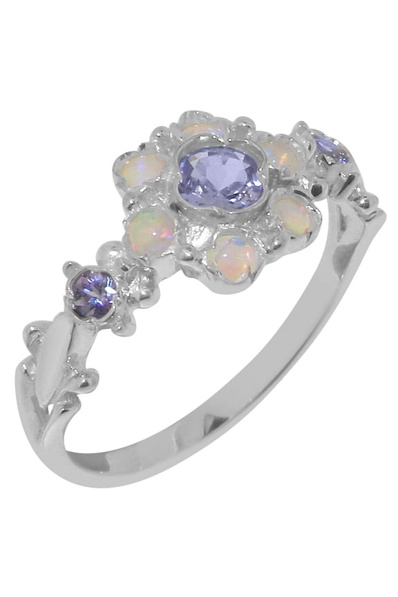 LBG British Made Traditional Solid 10k White Gold Ring with Natural Tanzanite & Opal Womens Promise Ring - 33 size options - Size 4.25