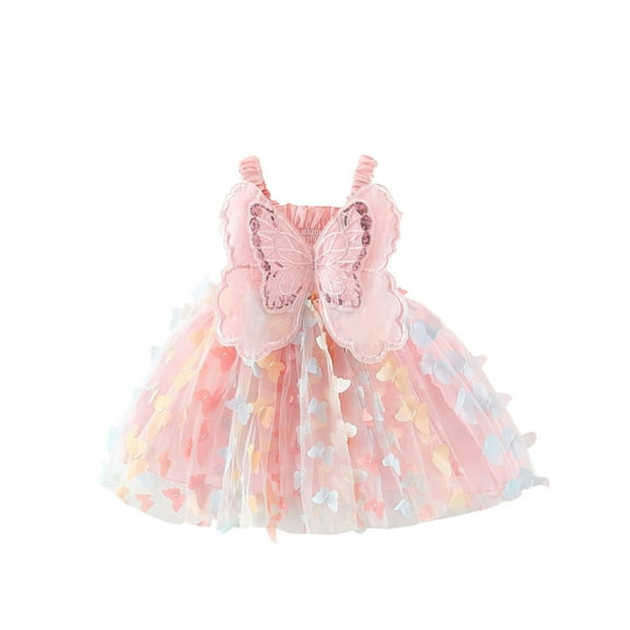 2025 TAGOLD Toddler Girls Summer Dress,Casual Dress for Kids,Toddler Kids Kids Girls Cute Summer Mesh Solid Color Print Bow Suspenders Dress Skirt
