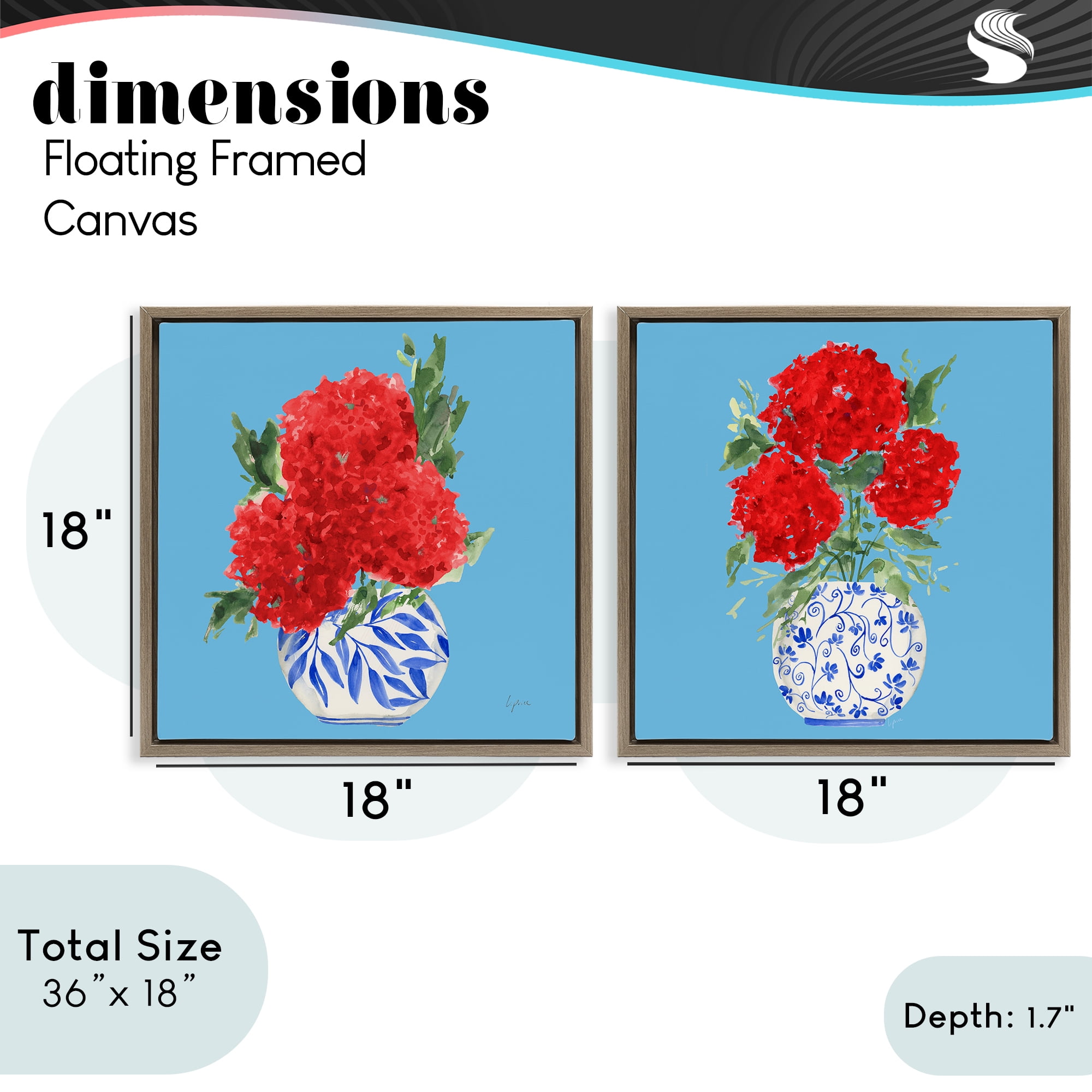 Stupell Industries Bright Red & Blue Hydrangeas 2 Piece Brown Framed Floater Canvas Set, design by Lucille Price