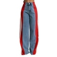 thumbnail image 3 of Women'S Patchwork High Waist Wide Leg Jeans Color Block Denim Straight Leg Trendy Trousers Blue Denim & Red L, 3 of 9