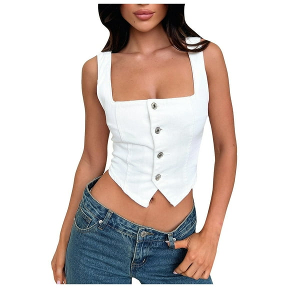 JIAYUE Women's Tank Tops Summer Fashion Square Collar Denim Casual Relaxed Fit Comfortable Solid Color Sleeveless Female Vest