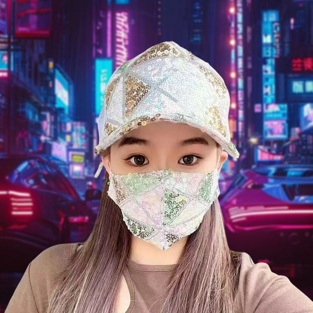 Gorra de Béisbol con Lentejuelas Brillantes y Cubrebocas con Lentejuelas Brillantes, Gorra de Malla Ajustable, Gorra de Béisbol Transpirable para El Sol, Gorra de Béisbol de Viaje y Gorra con Visera.