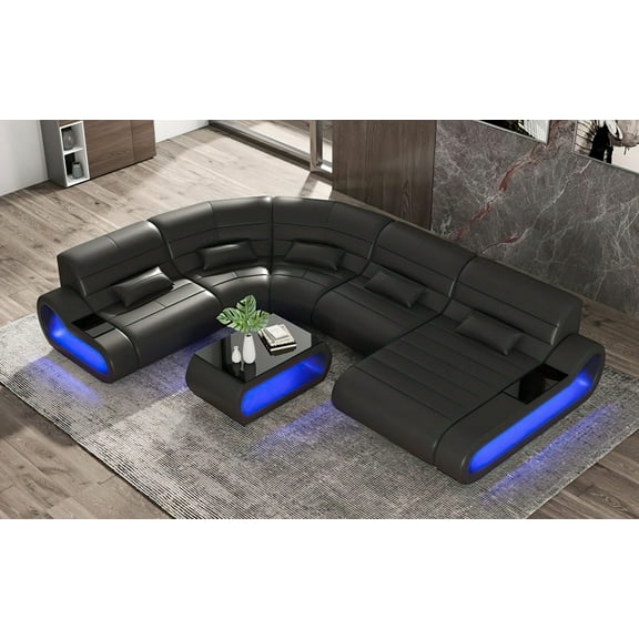 MofitHome, Catina Leather Curve Shape Sectional, Living Room, Black, Italian Leather, LED-lit Storage at Both Ends, Upgradeable to Multi-color Lights with Wireless Remote.