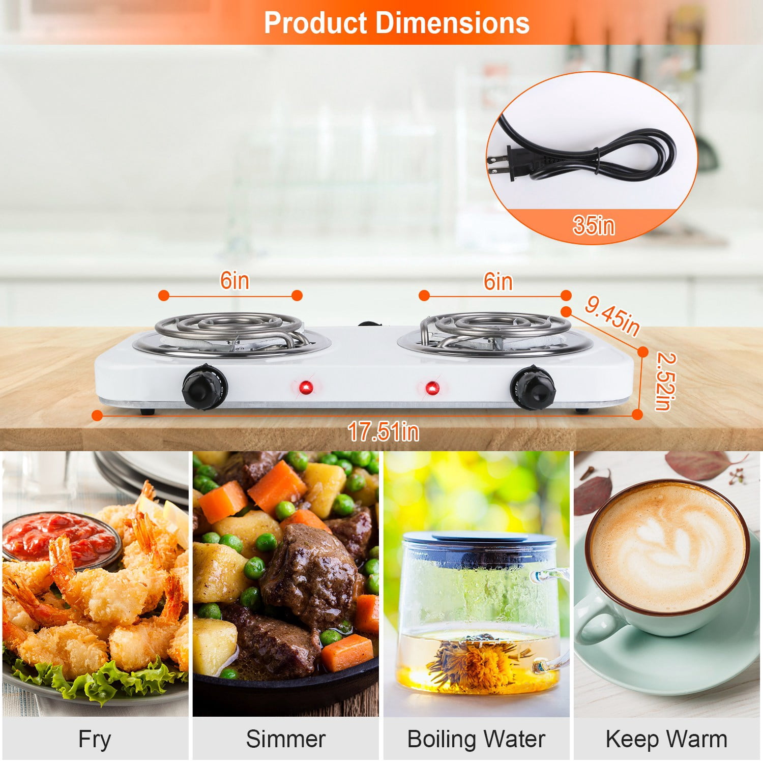 iMounTEK 2000W Portable Burner Coil, Adjustable Hot Plate with Non Slip Rubber 5 Temperature Adjustments,White