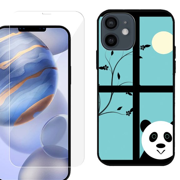 Slim-Fit Protective Phone Case (Black) compatible with iPhone 12 / iPhone 12 Pro, with Tempered Glass Screen Protector, by OneToughShield ® - Moon Panda