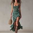 thumbnail image 3 of Navy Blue Floral Maxi Dress With Ruffled Straps, High Side Slit, Flowy Fit, 3 of 6