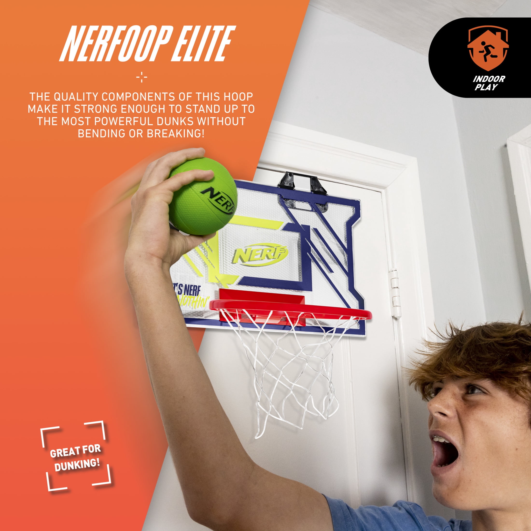 NERFOOP Elite Basketball Hoop Set - Over the Door Mini Hoop Set with NERF Foam Basketball - Perfect Bedroom + Office Accessory Hoop - Includes Foam Ball