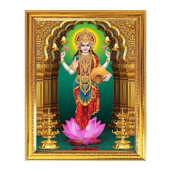 Goddes Laksmi Indian God Photo With Golden Frames For Pooja And Wall Gift House Warming Office Living Room Table Temple 7.8 X 11.4