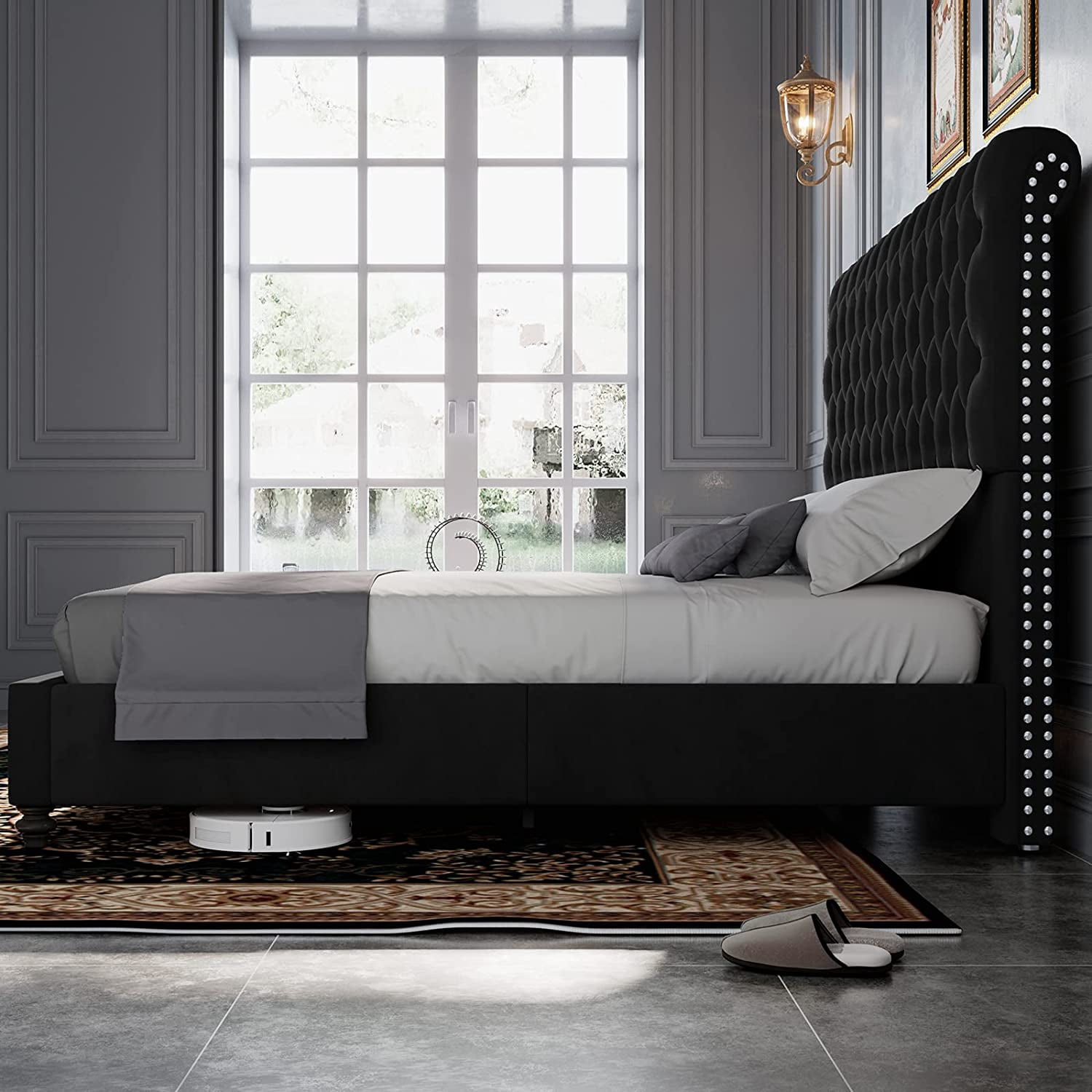 VanAcc Bed Frame Queen Size Low Profile Velvet Upholstered Sleigh Bed Deep Button Rolled Edge Tufted Headboard, Wood Slats Support, Black